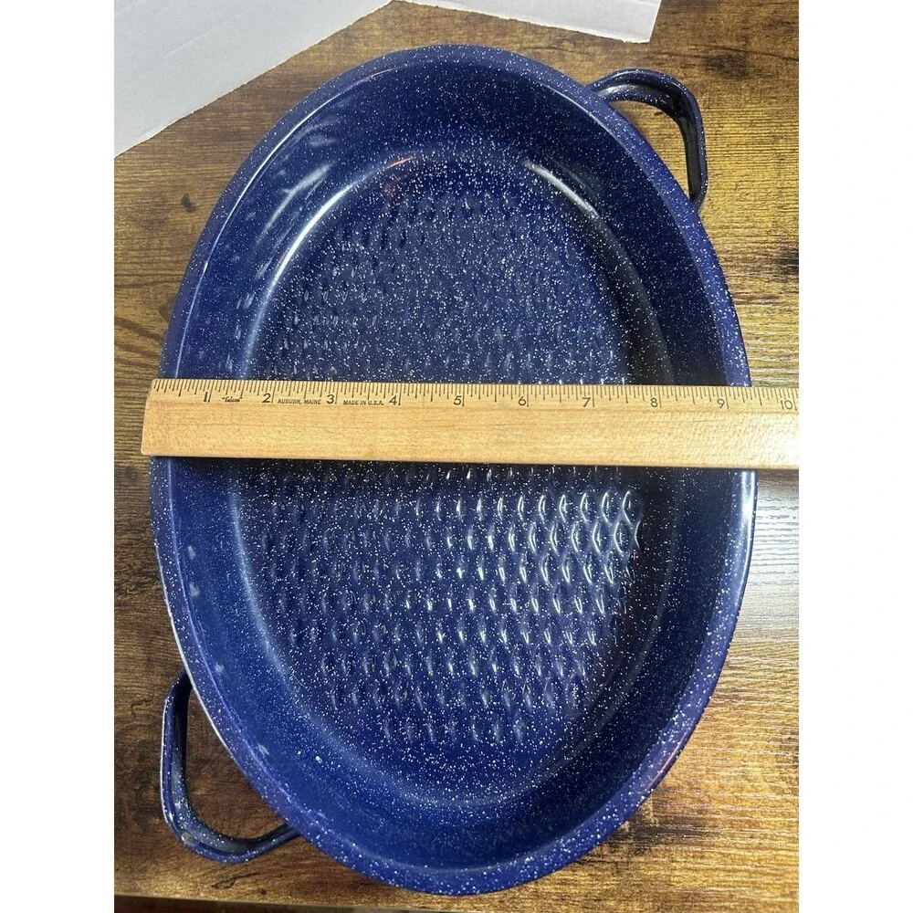 Vintage Blue Speckled Enamel Roasting Pan 14x9.5 Oval w/ Handles Bakeware
